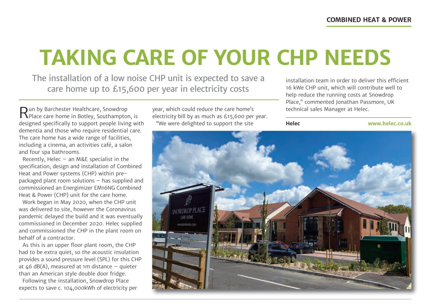 A 16 kWe CHP supplied by Helec delivers valuable heat & power to reduce operating costs at this new care home